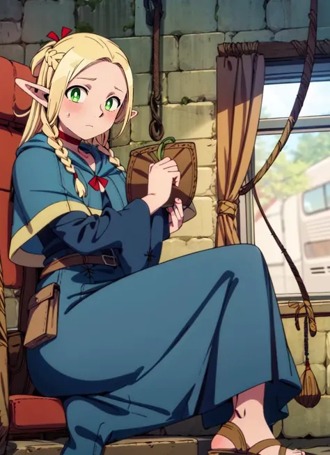 ((best quality)), ((highly detailed)), masterpiece, , <lora:more_details:.6>, (1girl), different views, lying, on side, <lora:Marcille_Donato:.8>, Marcille_Donato_DungeonMeshi, blonde hair, long hair, twin braids, elf, pointy ears, green eyes, red choker, blue capelet, robe, sandals, (inside, on a train)