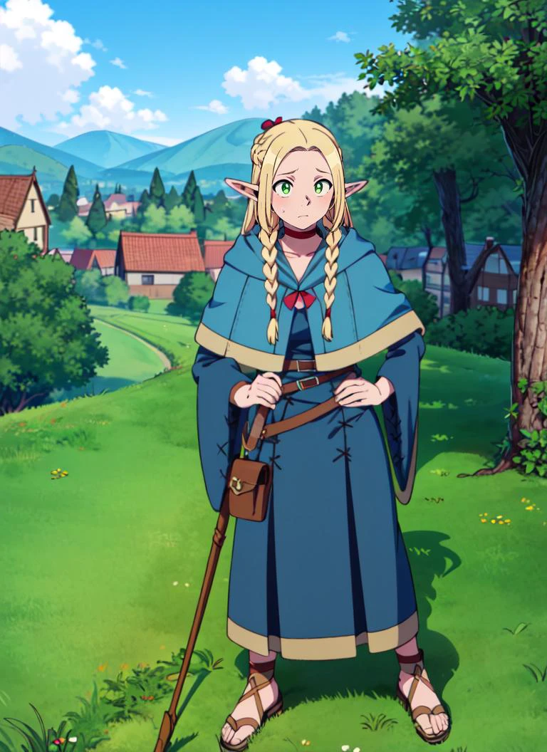 ((best quality)), ((highly detailed)), masterpiece, , <lora:more_details:.4>, (1girl), contrapposto pose, hand on hip, <lora:Marcille_Donato:.8>, Marcille_Donato_DungeonMeshi, blonde hair, long hair, twin braids, elf, pointy ears, green eyes, red choker, blue capelet, robe, sandals, (outside, at a village, dawn)