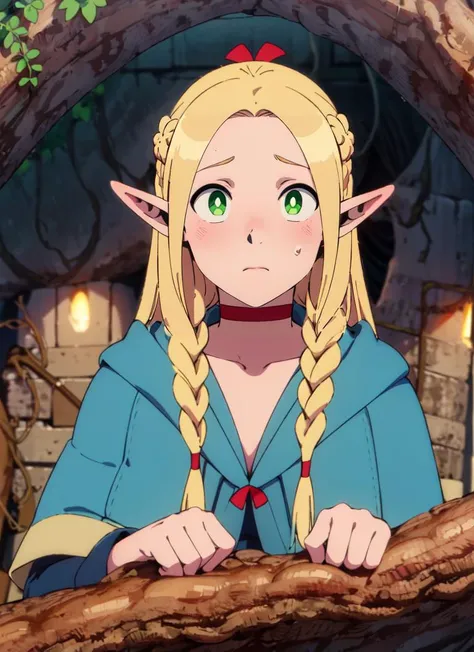 ((best quality)), ((highly detailed)), masterpiece, extremely detailed face, beautiful face, , (1girl), upper body, <lora:Marcille_Donato:.8>, Marcille_Donato_DungeonMeshi, blonde hair, long hair, twin braids, elf, pointy ears, green eyes, red choker, (white bikini), collarbone, barefoot, (outside, in a dark ice cave, stalagmite, stalactites, afternoon)