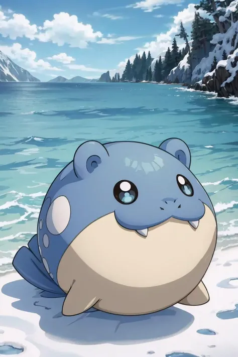 masterpiece, best quality, solo, smile, looking at viewer, <lora:Spheal_Fp:1>, sphealpk, no humans, pokemon \(creature\), snow, water, beach, <lora:FE-ENGAGE S Rank_Fp:1>