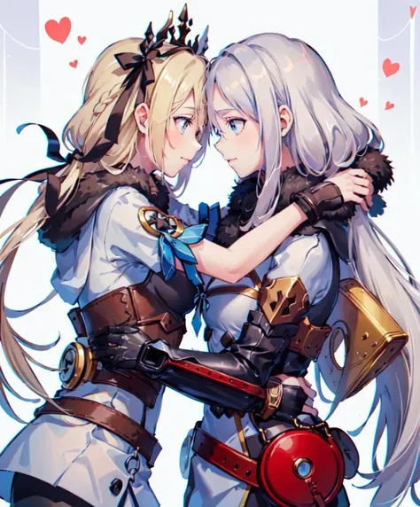 <lora:forehead-to-forehead_v2_b:1> forehead-to-forehead, hug, eye contact,, ultra detailed, masterpiece, best quality, aesthetic, detailed,, solo, soft smile, light smile,
1girl, blue eyes, very long hair, blonde hair, long blonde hair, french braid, bangs, medium breasts,, serious, 1girl, (white eyes:1.1), (grey eyes:1.3), white hair, very long hair, parted hair, parted bangs, <lora:parted_hair_v1.3:1.3>, medium breasts,