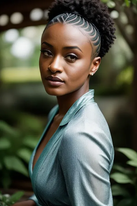 beautiful woman (crg00ding-125:.99), shaved hair, ((portrait)), (closeup:1.2), ((from the waist up)), (( fantastic scenery, garden[::1] :1.2)) , natural skin texture, (( Palazzo jumpsuit :1.2)), 24mm, 4k textures, soft cinematic light, adobe lightroom, photolab, hdr, intricate, elegant, highly detailed, sharp focus, ((((cinematic look)))), soothing tones, insane details, intricate details, hyperdetailed, low contrast, soft cinematic light, exposure blend, hdr, faded, now, ("I've got a bad feeling about this.":1.1)