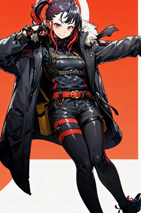 <lora:andrew:0.85>, ultra detailed, masterpiece, best quality, aesthetic, detailed,, solo, smug smile, 1girl, purple eyes, red-framed eyewear, (black hair, red colored tips:1.2), red streaked hair, very long hair, side ponytail, tied hair, medium breasts,, <lora:StS-Coat-and-Jacket-On-Shoulders-Iteration2:0.7> dataset, jacket on shoulders, coat on shoulders, red dress, sleeves rolled up, fingerless gloves, holster, belt, multiple belts, combat boots, bulletproof vest, pants, black coat, tactical clothes,