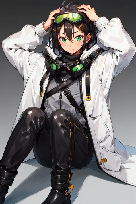 <lora:andrew:0.85>, ultra detailed, masterpiece, best quality, aesthetic, detailed,, ultra detailed, masterpiece, best quality, solo, smile, 1boy, green eyes, short hair, black hair, bangs, hair between eyes, messy hair, (goggles on head:1.2),, headband, white coat, hooded coat, hood down, open coat, turtleneck, capri pants, pants, black knee boots,