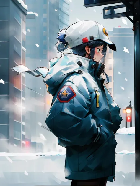 <lora:roach-16:1>outdoors, city, from side, jacket, hand in pocket, hat, snowing, fog, masterpiece, best quality