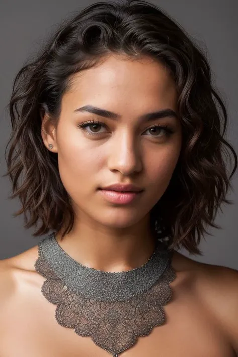[1girl:DEN_monique_noelle:20],
geo print mock neck tank bodysuit,
(headshot:1.2) portrait on a (plain grey background:1.2), (headshot:1.2), (face focus:1.1), windswept chaotic hair, soft lighting, low contrast, low saturation, 
bokeh, f1.4, 40mm, photorealistic, raw, 8k, textured skin, skin pores, intricate details  <lora:epi_noiseoffset2:1>, epiCRealism