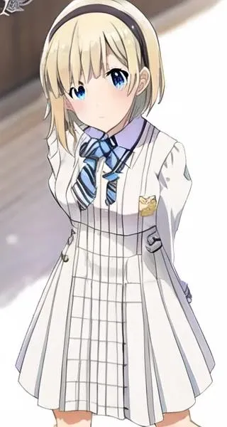 okuzora kohaku,blonde hair,short hair,hairband,bangs,blue eyes ,solo,full body,future signature \(costume\),white clothes, white hair bow, white footwear ,white bow tie<lora:ml_future_signature:1> <lora:test:1>