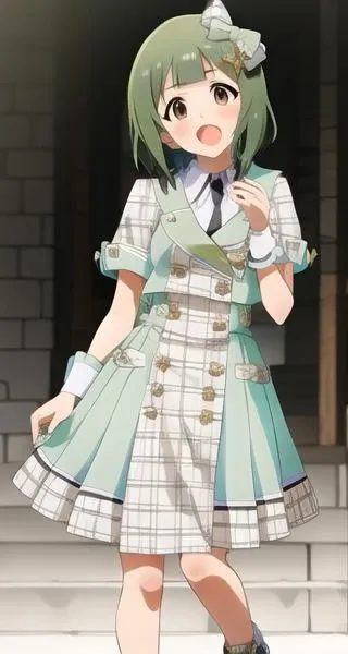 Otonashi Kotori, short hair,solo,full body,future signature \(costume\),light green clothes, light green hair bow, light green footwear ,<lora:ml_future_signature:1> <lora:OtonashiKotoriLora:1>