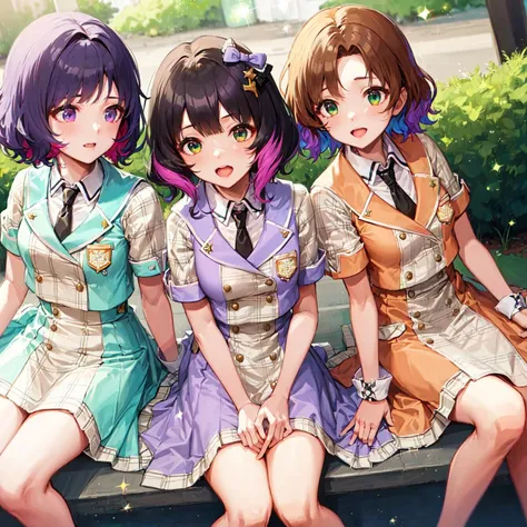 future signature \(costume\),orange clothes, orange hair bow, green clothes, green hair bow, purple clothes, purple hair bow, (best quality, 8K, masterpiece, ultra detailed:1.2),(lens flare, light particles, sparkle),depth of field,3girls,multiple girls,street, sitting, brown hair, black hair, multicolored hair, short hair,