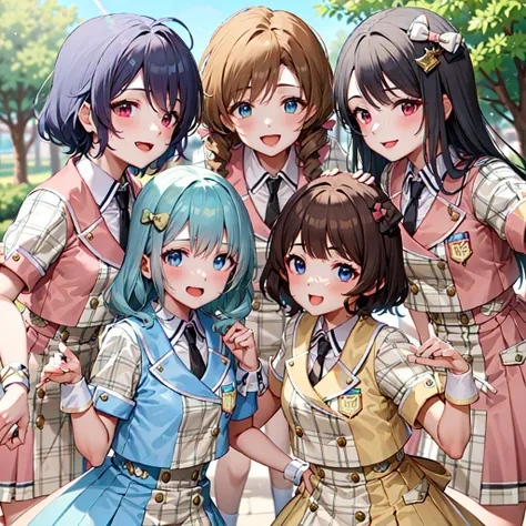 future signature \(costume\),pink clothes, pink hair bow, blue clothes, blue hair bow, yellow clothes, yellow hair bow, (best quality, 8K, masterpiece, ultra detailed:1.2),
detailed background,lens flare,depth of field,
5girls,multiple girls,day,dappled sunlight,