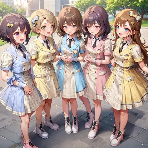 future signature \(costume\),yellow clothes, yellow hair bow, yellow footwear, blue clothes, blue hair bow, blue footwear, pink clothes, pink hair bow, pink footwear, (best quality, 8K, masterpiece, ultra detailed:1.2),(lens flare, light particles, sparkle),depth of field,5girls, multiple girls, park, building, brown hair,