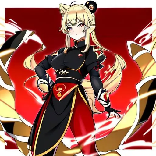 Mei-Mei (Murenase Seton Gakuen) a blonde girl, with completely black panda ears, golden eyes, with a serious expression, wearing a red and black suit, a uniform that resembles the ancient armor of the Chinese dynasty, which It has a golden border, the fire emblem (Avatar the last airbender) engraved, making fire with his hands