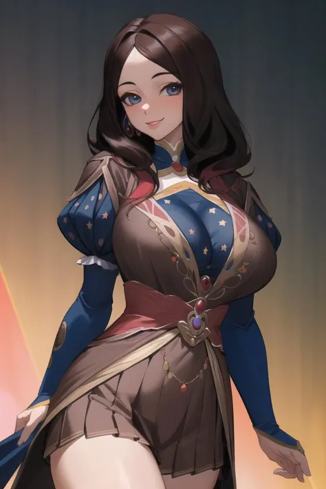 masterpiece, best quality, CG, wallpaper, HDR, high quality, high-definition, extremely detailed, davincicaster, mature female, colorful, vibrant colors, looking at viewer, smile, colorful background, large breasts,