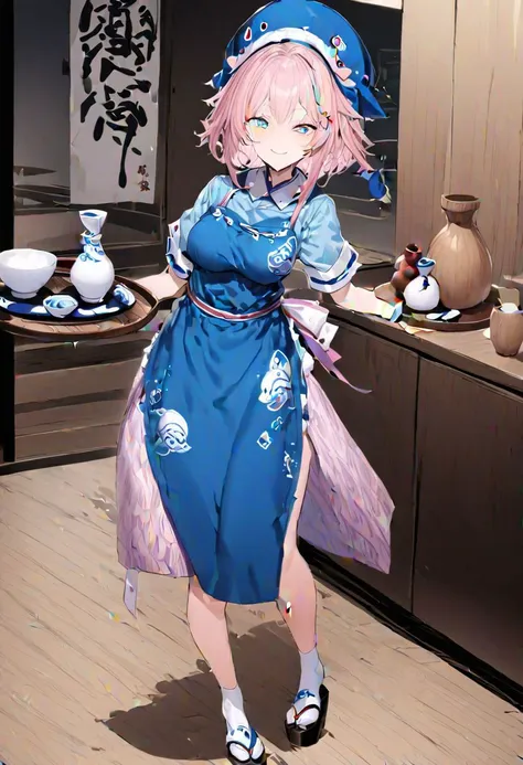 masterpiece, best quality, ultra-detailed, beautiful, nai3, 1girl, solo, full_body, tachi-e, 
okunoda_miyoi, pink_hair, purple_skirt, long_sleeves, skirt, holding, short_sleeves, food, apron, cup, blue_headwear, ofuda, bottle, ofuda_on_clothes, blue_shirt, tabi, tray, fish_print, animal_print, holding_tray, animal_hat, tokkuri, gourd, blue_apron, choko_\(cup\), sweat, bowl, chopsticks, hat, smile,