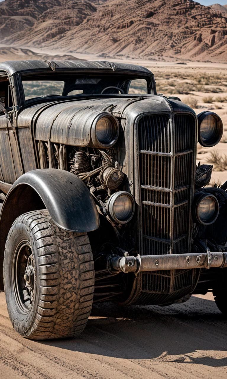 1930s mad max warforged masculine American muscle car heavily armored, skulls, demonic, off - road, intricate detailed, HR Giger style, <lora:difConsistency_photo:1>, <lora:difConsistency_detail:0.65>