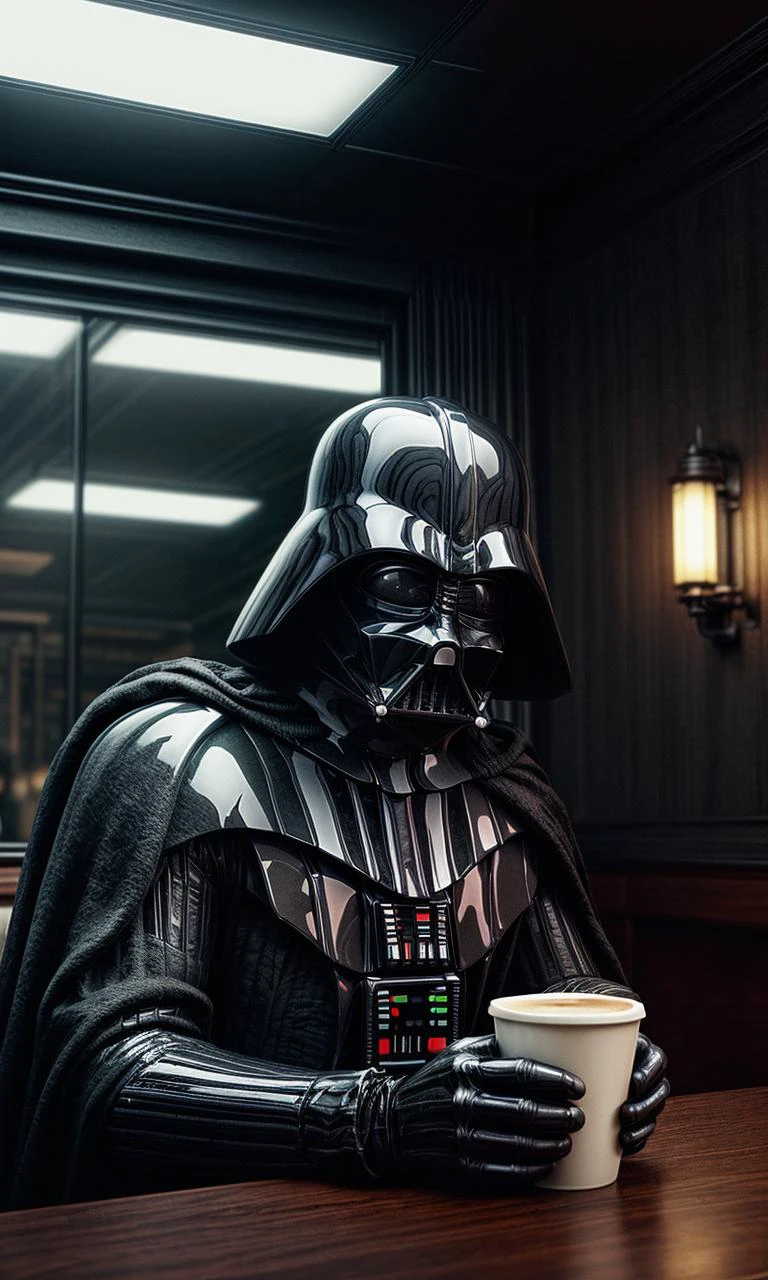 A photo of a Darth Vader sitting in a busy old diner, coffee cup in front of him, photorealistic, cinematic lighting, dark atmosphere, volumetric lighting, action pose, epic scene, lots of fine detail, movie style, photography, natural textures, natural light, natural blur, photorealism, cinematic rendering, ray tracing, highest quality, highest detail, Cinematic, Blur Effect, Long Exposure, 8K, Ultra-HD, Natural Lighting, Moody Lighting, Cinematic Lighting, hyper-realistic, vibrant, 8k, detailed, ultra detail, soothing tones, muted colors, BREAK <lora:difConsistency_photo:0.5>, BREAK <lora:difConsistency_detail:0.8>