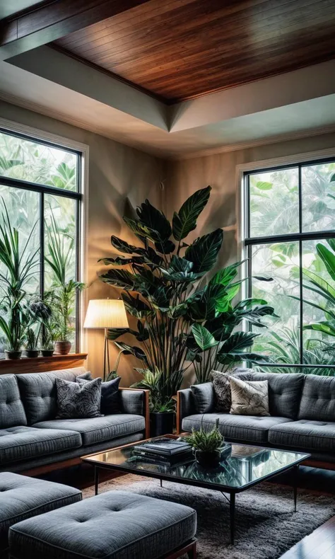midcentury modern living room dimly lit with dark rainy evening outside, (foggy rainy evening:1.2), pacific northwest, (dim lighting:1.4), (moody lighting:1.2), plants, large plants, rainy, monstera, many plants, (foggy windows:1.2), masterpiece, best quality, twilight hour, (nighttime:1.4), rainy evening, after sunset, BREAK <lora:difConsistency_photo:0.5>, BREAK <lora:difConsistency_detail:0.8>