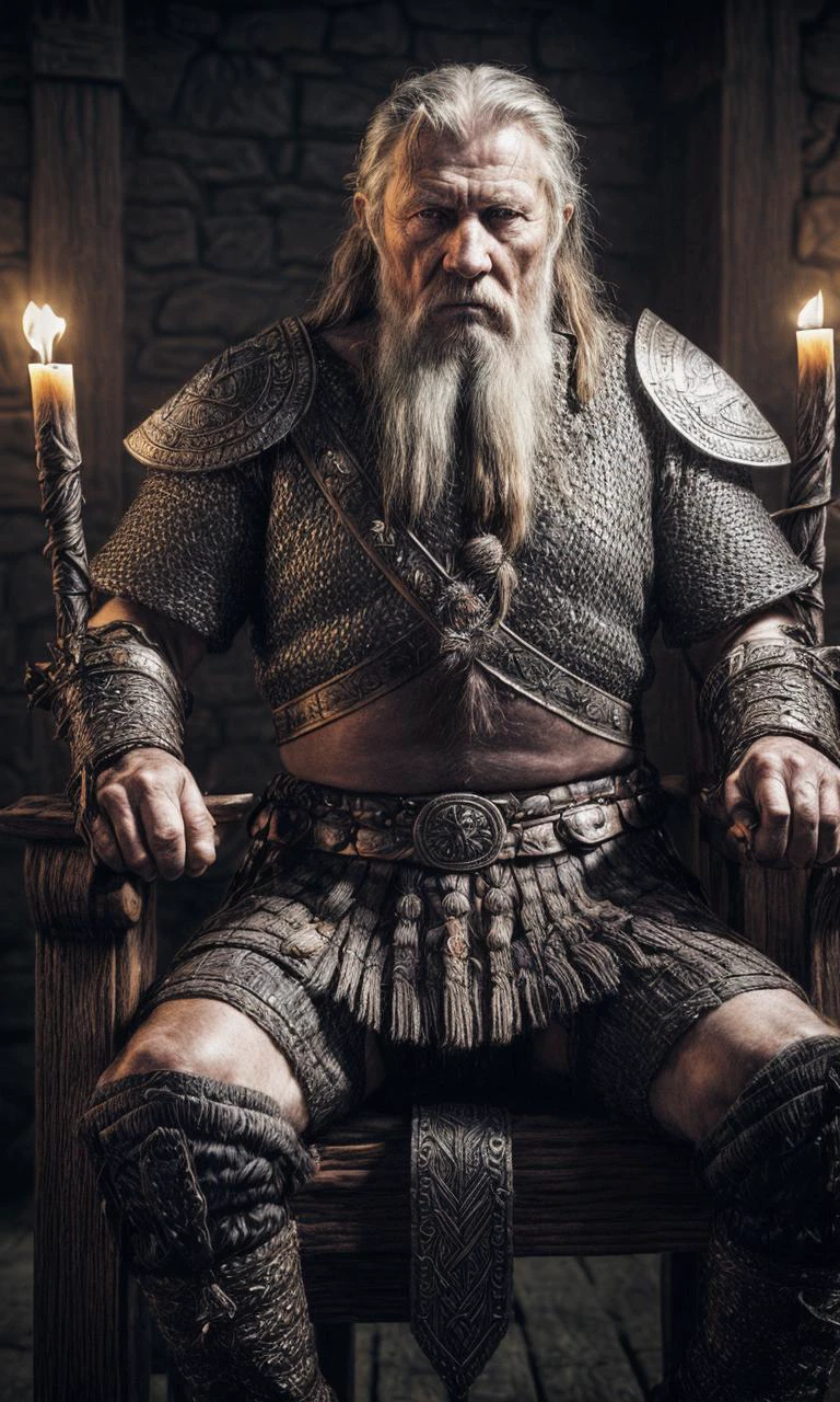 Highest quality, masterpiece, photorealistic, medium shot, RAW photo, of (a weary-looking but still proud and fierce-looking old Viking warrior, now the leader of his village, dressed in elaborately detailed chain mail and leather armour, sitting on a carved wooden throne furrowed with Viking runes and symbols, in the village meeting hall, on his lap rests an elaborately carved and beautifully crafted longsword, a few torches burn on the walls, giving the scene a dark atmosphere but sculpting the forms in sharp chiaroscuro), it is night time, BREAK <lora:difConsistency_photo:0.5>, BREAK <lora:difConsistency_detail:0.8>