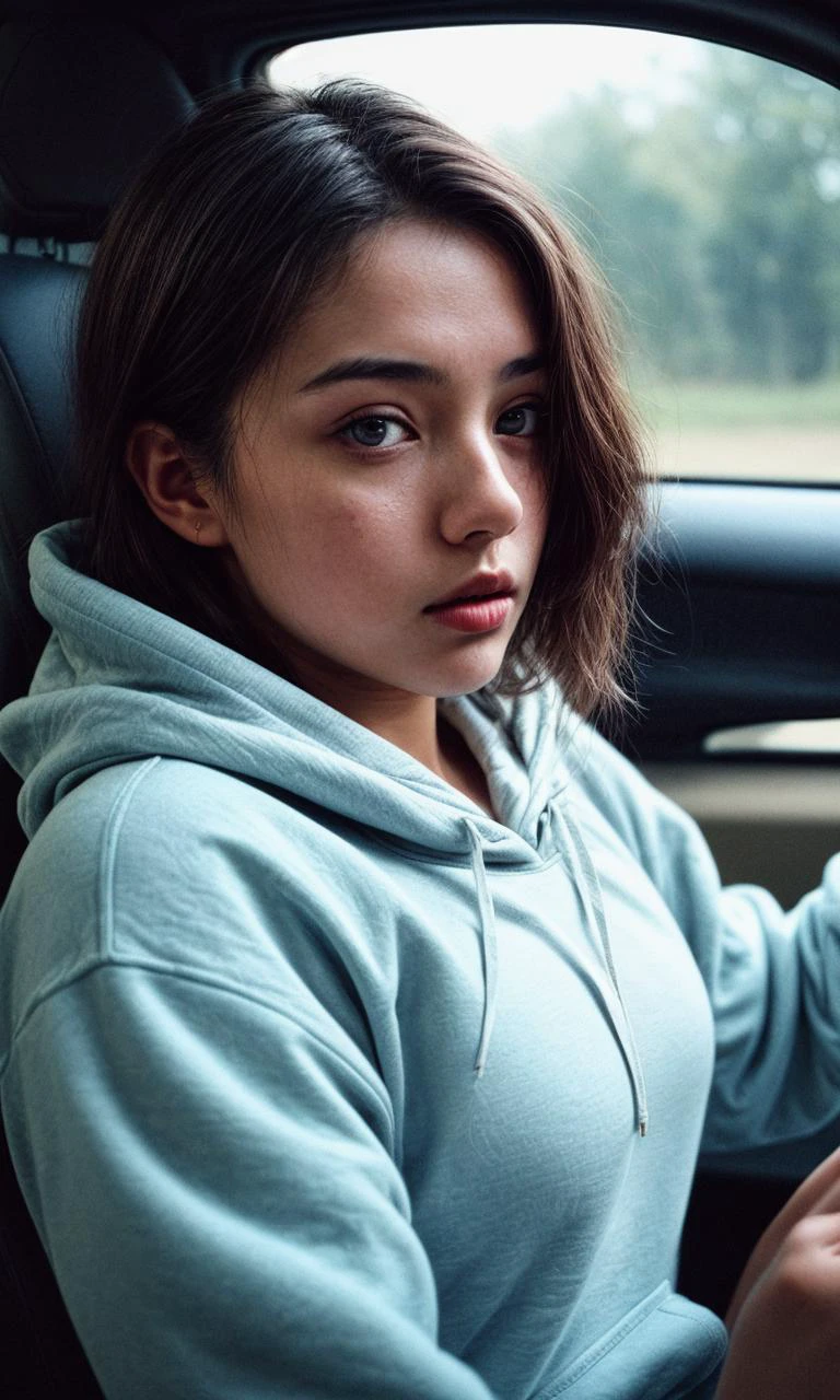 RAW photo, a 22-year-old-girl, upper body, selfie in a car, blue hoodie, inside a car, driving, (lipstick:0.7), soft lighting, high quality, highres, sharp focus, extremely detailed, (sunlight on face), beautiful detailed eyes, masterpiece, cinematic lighting, dslr, Fujifilm XT3, BREAK <lora:difConsistency_photo:0.5>, BREAK <lora:difConsistency_detail:0.8>, film photoshoot, hazy background, smoky,film photo,,film grain,vintage photo with film grain