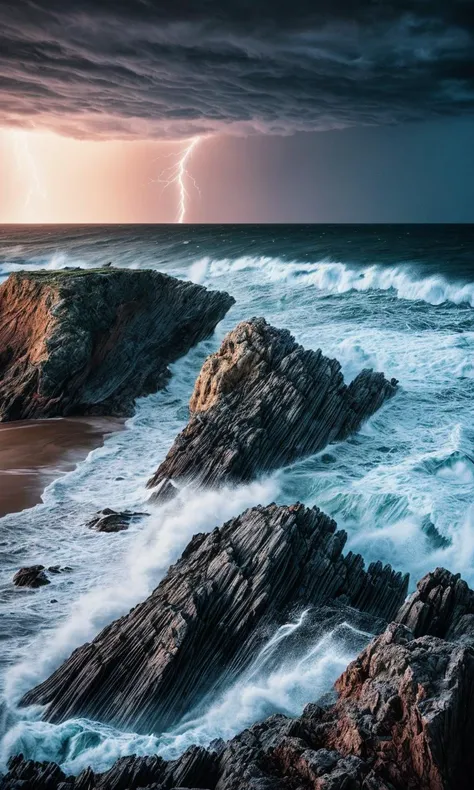 photo of coastline, rocks, storm weather, wind, waves, lightning, 8k uhd, dslr, soft lighting, high quality, film grain, Fujifilm XT3, BREAK <lora:difConsistency_photo:0.5>, BREAK <lora:difConsistency_detail:0.8>