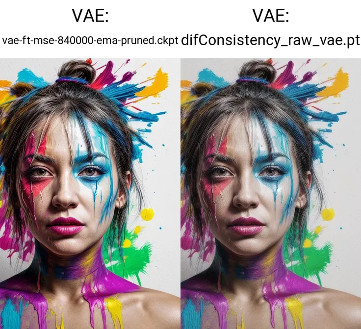 In this lighthearted portrait, a woman is dressed as a fierce warrior, armed with an arsenal of paintbrushes and palette knives. Her war paint is composed of thick, vibrant strokes of color, and her armor is made of paint tubes and paint-splattered canvases. She stands victoriously atop a mountain of conquered blank canvases, with a beautiful, colorful landscape behind her, symbolizing the power of art and creativity. bust Portrait, close-up, Bright and transparent scene lighting, BREAK <lora:difConsistency_photo:0.5>, BREAK <lora:difConsistency_detail:0.8>