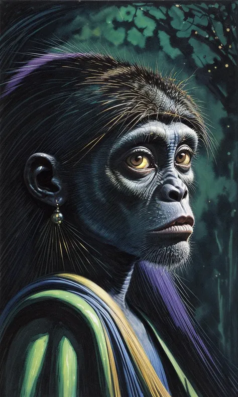 Portrait of an old republic exotic female grand spider monkey empress from the alien world of amazonia, in the style of Vermeer, watercolor with bold ink outlines, Moebius, intense interplay of light and shadows, bejeweled, Donato Giancola, Vincent van Gogh, scratched, velvet richness, anthropomorphic realism, dramatic layered composition, <lora:difConsistency_detail:0.5>, <lora:difConsistency_darktheme:0.15>, <lora:difConsistency_photo:0.75>