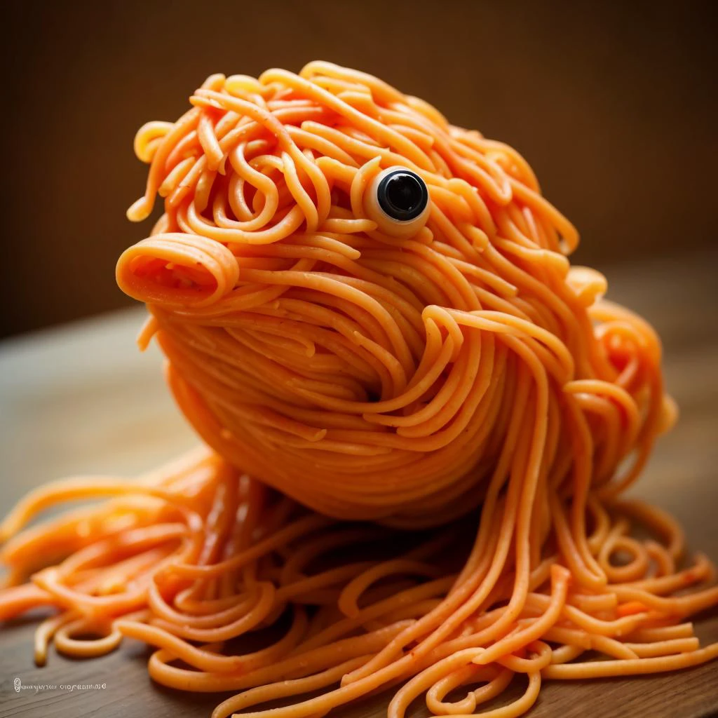 Photography of a {sapo made of noodles with carrots, perfect composition, masterpiece, best quality,}, highly detailed, instagram flickr, sharp focus, canon 5d f16.0 style, natural lighting, ultra-realistic