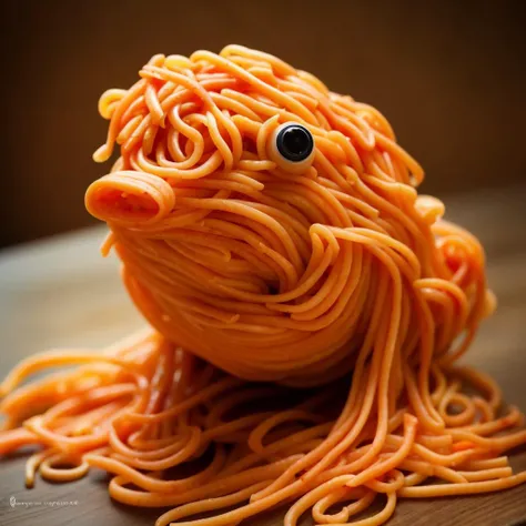 Photography of a {sapo made of noodles with carrots, perfect composition, masterpiece, best quality,}, highly detailed, instagram flickr, sharp focus, canon 5d f16.0 style, natural lighting, ultra-realistic