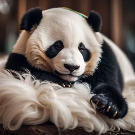 Photography of a {Cute furry panda sleeping on flying cloud}, highly detailed, instagram flickr, sharp focus, canon 5d f16.0 style, natural lighting, ultra-realistic