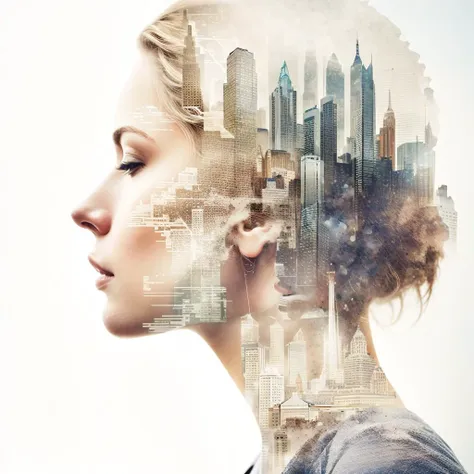 {double exposure of a close-up profile of a white woman made out of a city}, highly detailed, instagram flickr, sharp focus, canon 5d f16.0 style, natural lighting, ultra-realistic