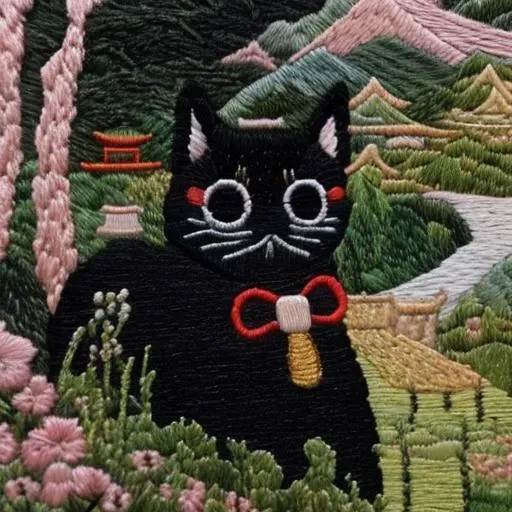 masterpiece, best quality, <lora:kEmbroideryRev:1> , <lora:Scaracat:1>, Embroidery of a black cat, Scaracat, japanese landscape, pink cherry blossom tree,