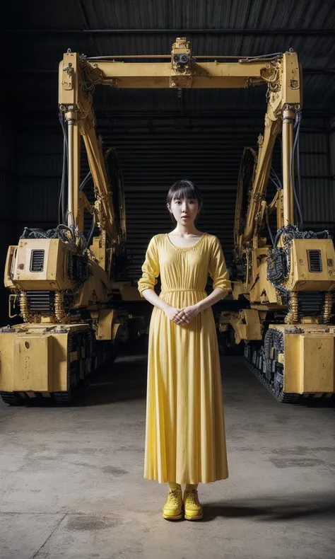 Woman in yellow clothes standing next to some yellow machines, Iu's face, visual impact, 32K, zhang jingna's style, i can't believe how beautiful this is, nikon d850, kawacy, detailed military scenes, rtx on, body art, Jim Lee, <lora:difConsistency_photo:0.75>, <lora:difConsistency_detail:0.5>, <lora:difConsistency_darktheme:0.15>