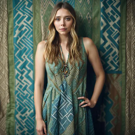 Photography of a {Full body portrait of Elizabeth Olsen in a fashion shoot, viking runic patterns on sundress, and bright blues greens and browns colors}, highly detailed, instagram flickr, sharp focus, canon 5d f16.0 style, natural lighting, ultra-realistic