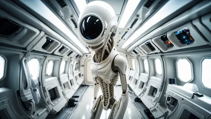 Photography of a {Security cam footage inside a space craft of a full body of a white porcelain robotic Xenomorph, smooth white material, designed by H. R. Giger}, highly detailed, instagram flickr, sharp focus, canon 5d f16.0 style, natural lighting, ultra-realistic, with people