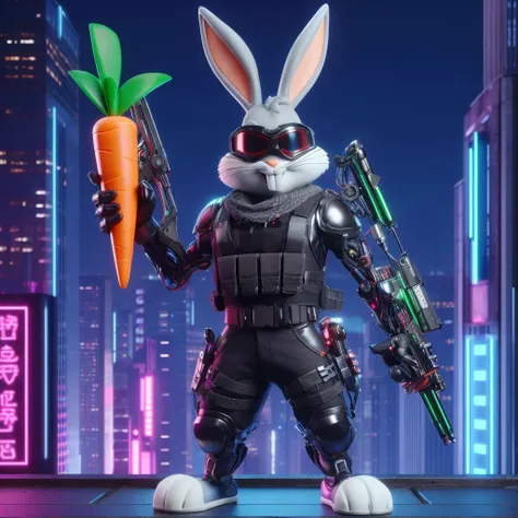 cinematic film still neonpunk style ((Bugs Bunny)), in Cyberpunk gear, wearing goggles, holding a carrot in one hand, a rifle attached to one arm, standing atop a tall building, with the city skyscrapers on the background and Neon light signs, cyberpunk, vaporwave, neon, vibes, vibrant, stunningly beautiful, crisp, detailed, sleek, ultramodern, magenta highlights, dark purple shadows, high contrast, cinematic, ultra detailed, intricate, professional, shallow depth of field, vignette, highly detailed, high budget Hollywood film, bokeh, cinemascope, moody, epic, gorgeous, film grain