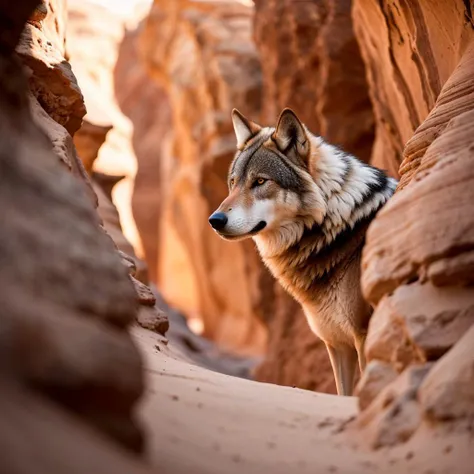 Photography of a {a desert canyon with a wolf in it}, highly detailed, instagram flickr, sharp focus, canon 5d f16.0 style, natural lighting, ultra-realistic