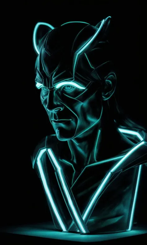 Neon fluorescent light sculpture of Loki, dark room, 32k resolution, lens flare, <lora:difConsistency_detail:0.5>, <lora:difConsistency_darktheme:0.15>, <lora:difConsistency_photo:0.75>
