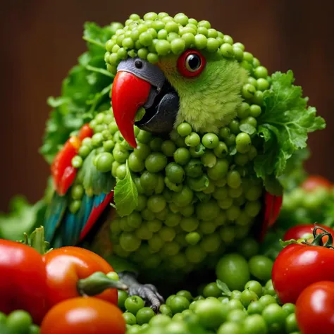 Photography of a {parrot made of peas and lettuce and tomato, pepper spike, perfect composition, masterpiece, best quality,}, highly detailed, instagram flickr, sharp focus, canon 5d f16.0 style, natural lighting, ultra-realistic