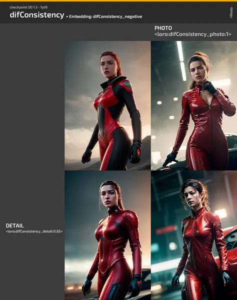 Futuristic young woman, in a red Porsche suit by gesaffelstein, action pose, epic scene, lots of fine detail, movie style, photography, natural textures, natural light, natural blur, photorealism, cinematic rendering, ray tracing, highest quality, highest detail, Cinematic, Blur Effect, Long Exposure, 8K, Ultra-HD, Natural Lighting, Moody Lighting, Cinematic Lighting, hyper-realistic, vibrant, 8k, detailed, ultra detail, <lora:difConsistency_photo:1>, <lora:difConsistency_detail:0.65>