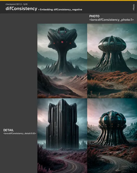 (surreal:1.4), an alien world, (many strange creatures:1.3), multiple futuristic buildings, by Simon Stalenhag, photorealistic, cinematic lighting, dark atmosphere, volumetric lighting, action pose, epic scene, lots of fine detail, movie style, photography, natural textures, natural light, natural blur, photorealism, cinematic rendering, ray tracing, highest quality, highest detail, Cinematic, Blur Effect, Long Exposure, 8K, Ultra-HD, Natural Lighting, Moody Lighting, Cinematic Lighting, hyper-realistic, vibrant, 8k, detailed, ultra detail, soothing tones, muted colors, <lora:difConsistency_photo:1>, <lora:difConsistency_detail:0.65>