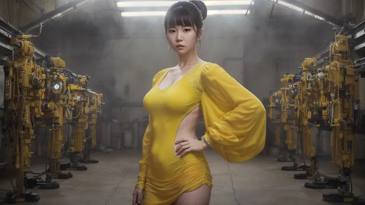 Woman in yellow clothes standing next to some yellow machines, Iu's face, visual impact, 32K, zhang jingna's style, i can't believe how beautiful this is, nikon d850, kawacy, detailed military scenes, rtx on, body art, Jim Lee, (masterpiece:1.2) (photorealistic:1.2) (bokeh:1.10) (best quality:1.10) (detailed skin:1.3) (intricate details:1.10) (8k:1.10) (HDR:1.10) (analog film:1.10) (canon d5:1.10) (cinematic lighting:1.10) (sharp focus:1.10)