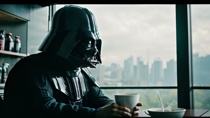 A photo of a Darth Vader sitting in a busy old diner, coffee cup in front of him, photorealistic, cinematic lighting, dark atmosphere, volumetric lighting, action pose, epic scene, lots of fine detail, movie style, photography, natural textures, natural light, natural blur, photorealism, cinematic rendering, ray tracing, highest quality, highest detail, Cinematic, Blur Effect, Long Exposure, 8K, Ultra-HD, Natural Lighting, Moody Lighting, Cinematic Lighting, hyper-realistic, vibrant, 8k, detailed, ultra detail, soothing tones, muted colors, (masterpiece:1.2) (photorealistic:1.2) (bokeh:1.10) (best quality:1.10) (detailed skin:1.3) (intricate details:1.10) (8k:1.10) (HDR:1.10) (analog film:1.10) (canon d5:1.10) (cinematic lighting:1.10) (sharp focus:1.10), <lora:difConsistency_photo:0.5>