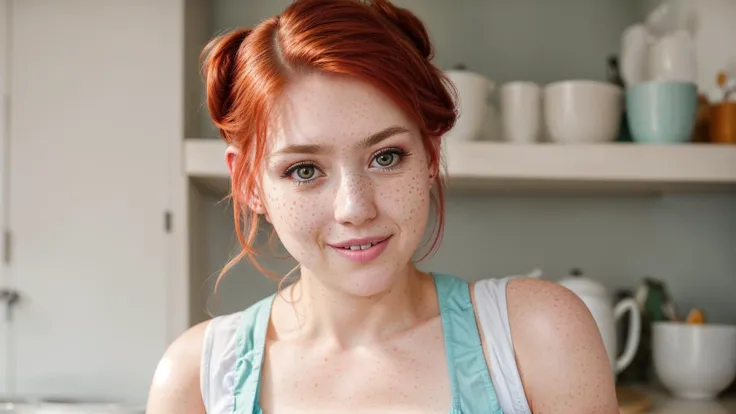 . a closeup portrait of a playful maid, undercut hair, apron, amazing body, pronounced feminine feature, busty, kitchen, [ash blonde | ginger | pink hair], freckles, flirting with camera,,, <lora:difConsistency_detail:0.75>, (masterpiece:1.2) (photorealistic:1.2) (bokeh:1.10) (best quality:1.10) (detailed skin:1.3) (intricate details:1.10) (8k:1.10) (HDR:1.10) (analog film:1.10) (canon d5:1.10) (cinematic lighting:1.10) (sharp focus:1.10)