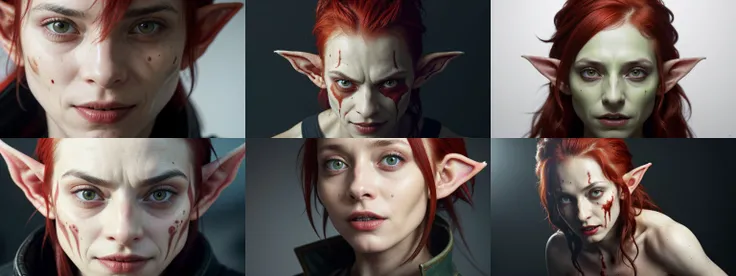An elf with crazy eyes and red hair, in the style of zbrush, zombiecore, realistic lighting, goblin academia, 32k uhd, dark white and white, meticulous portraiture, <comment: *** difConsistency> <lora:difConsistency_photo:0.5>, <comment: *** Photo A7> (photo, studio lighting, hard light, sony a7, 50 mm, matte skin, pores, colors, hyperdetailed, hyperrealistic)