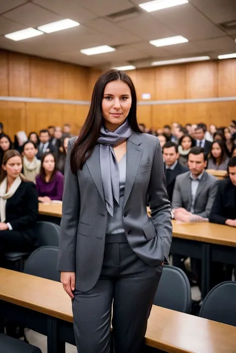 Instagram picture of a beautiful woman wearing a charcoal grey pantsuit with a silk scarf,in a crowded university lecture hall in Canada,full body, epic character composition,by ilya kuvshinov, alessio albi, nina masic,sharp focus, subsurface scattering, f2, 35mm, film grain ,sexy smile <lora:clauro:1>