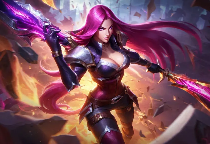 battle queen katarina, best aesthetic, lolsplashart, 1girl, long hair, breasts, bangs, gloves, holding, weapon, purple hair, boots, alternate costume, pants, pink eyes, holding weapon, armor, blurry, book, blurry background, shoulder armor