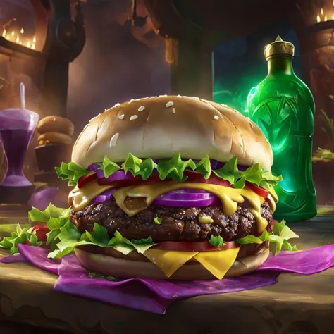 fantastic detailed photography of a juicy hamburguer, intricate details, detailed background league of legends, legends of runeterra, valorant, lolsplashart, mlbbsplashart