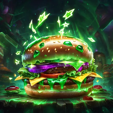 a juicy hamburguer, best aesthetic, lolsplashart, glowing, gem, ios, app icon, application icon, masterpeace, best quality, dark magic, dynamic, splash, sparks, perfect light, perspective, perfect quality, 8k, hd, green colors, green light, magic light, magic effect, light effects