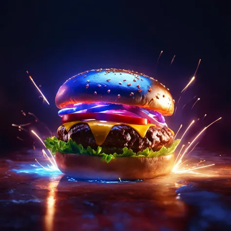 a juicy hamburguer, masterpeace, best quality, dark magic, bronze stone, rock, dynamic, splash, sparks, perfect light, perspective, perfect quality, 8k, hd, red and blue colors, red and blue light, magic light, magic effect, light effects, bronze colors, gold