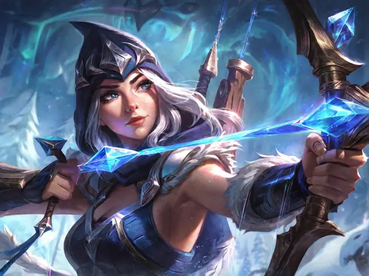 best aesthetic, lolsplashart, Ashe, the Frost Archer,1girl,bow and arrow,upper body,